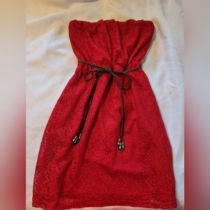Red lace strapless mini dress